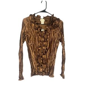 Toffee Apple NWT Women's Bronze Brown Ruffle Trim Crinkle Blouse XL Runs Small